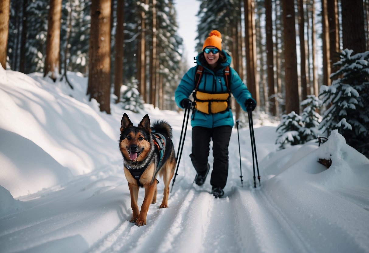 A dog and owner ski through snowy forest, following marked trail. Dog wears harness and pulls owner along. Both enjoy winter outing