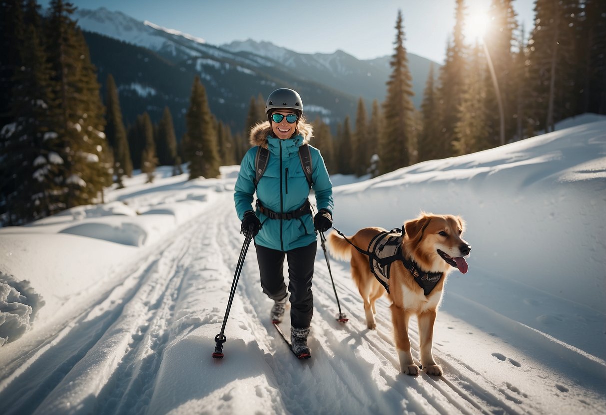 A dog and its owner ski together on a snowy trail, surrounded by trees and mountains. The dog is wearing a harness and pulling the owner along