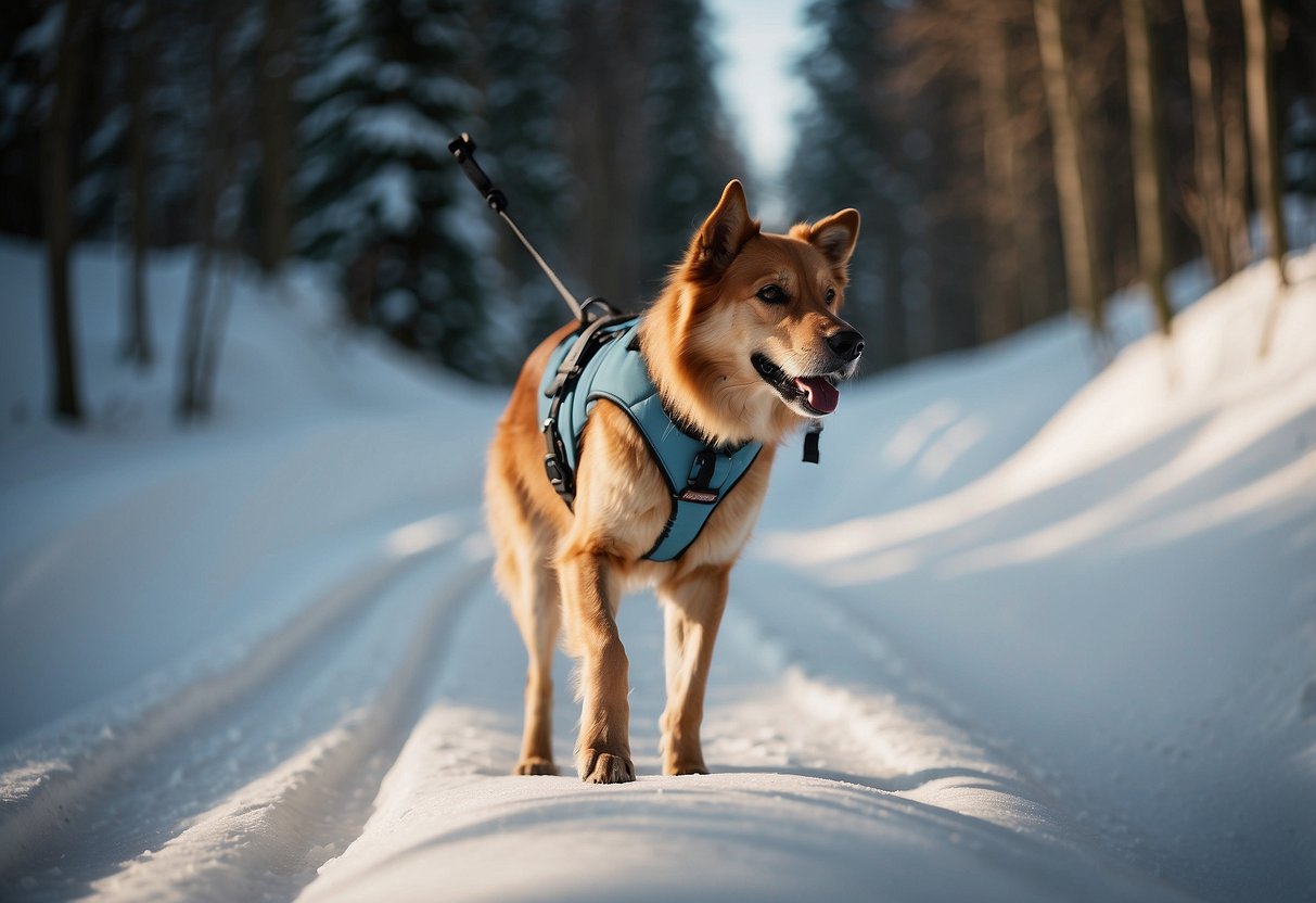 A dog wearing a harness and attached to a skier with a leash. The skier is wearing appropriate gear such as warm clothing, ski boots, and carrying a backpack. The scene is set in a snowy, wooded area with trails for cross country