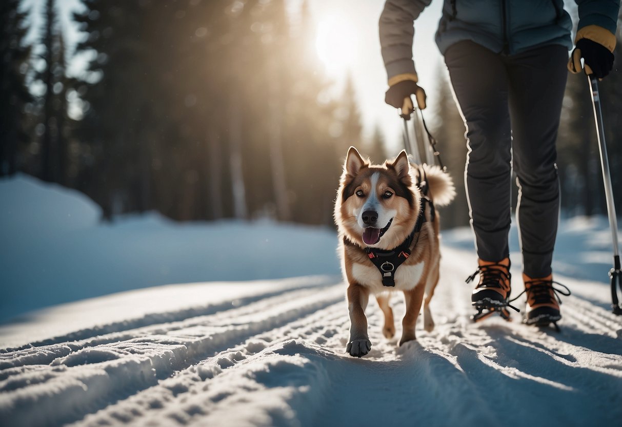 A dog wearing a leash attached to its owner's waist, gliding across snowy terrain on cross country skis. The dog is happily trotting alongside, enjoying the winter adventure