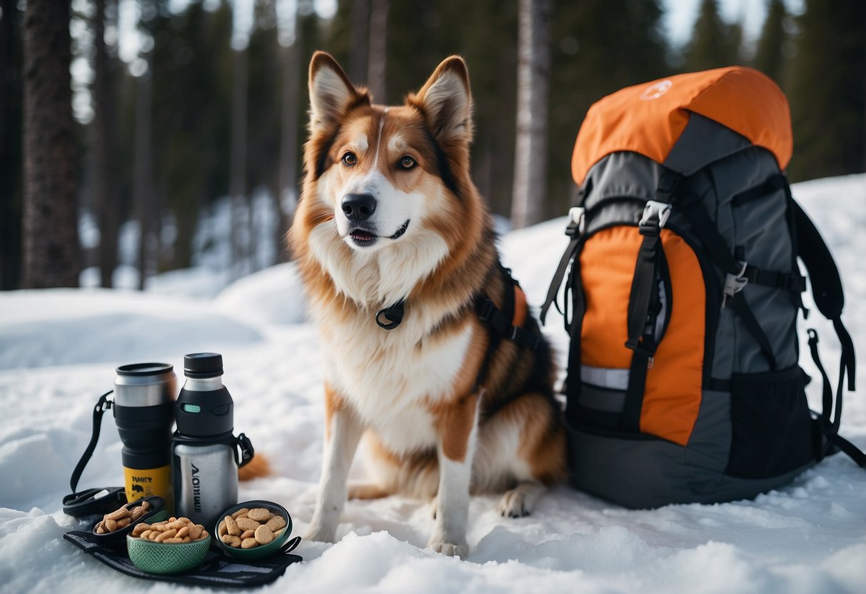 A backpack filled with pet snacks and water sits next to a pair of cross country skis, ready for a snowy adventure with furry companions