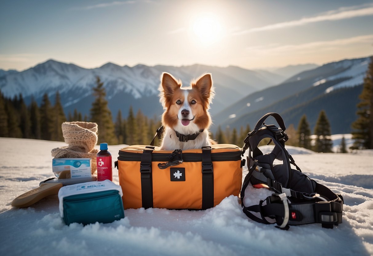 A pet first aid kit sits on a snowy trail, next to cross country skis and a happy dog. Snow-covered trees and mountains are in the background