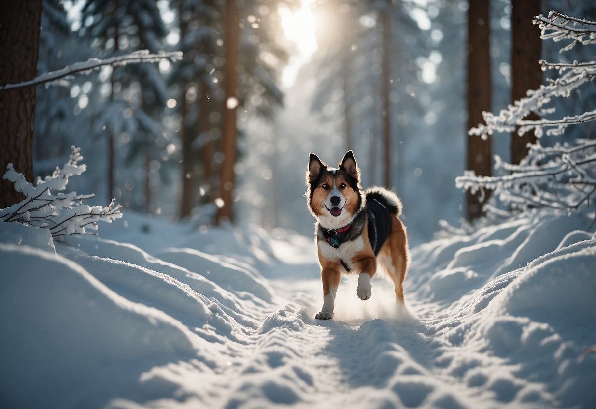 A snowy trail winds through a peaceful forest, with ski tracks leading into the distance. A happy dog bounds alongside its owner, enjoying the winter adventure