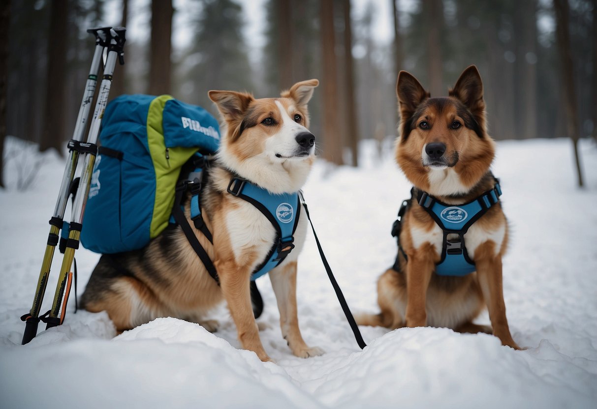 Pets wearing harnesses, booties, and backpacks with water and snacks. Skis and poles leaning against a snowy trail sign. Snow-covered trees in the background