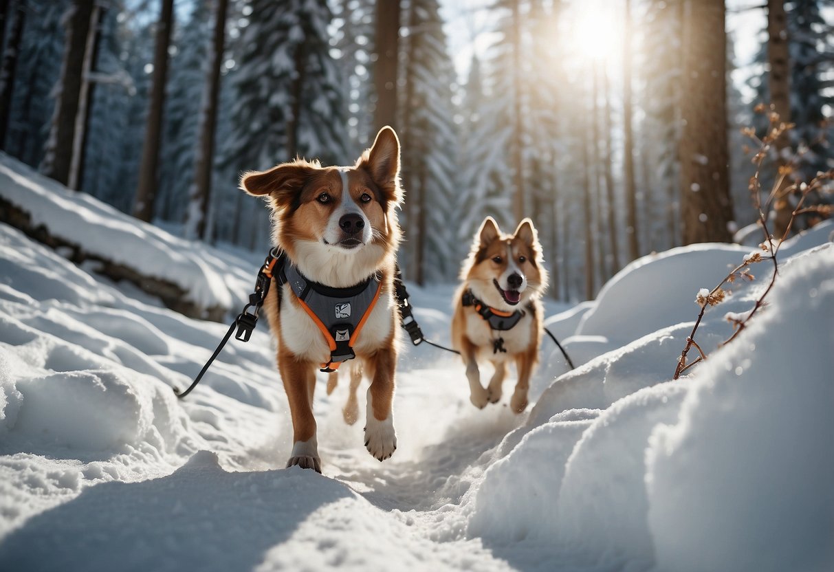 A dog wearing a harness and attached to a skier by a bungee leash glides gracefully through a snowy forest, following the skier's lead. The skier carries a backpack with water and snacks for both of them