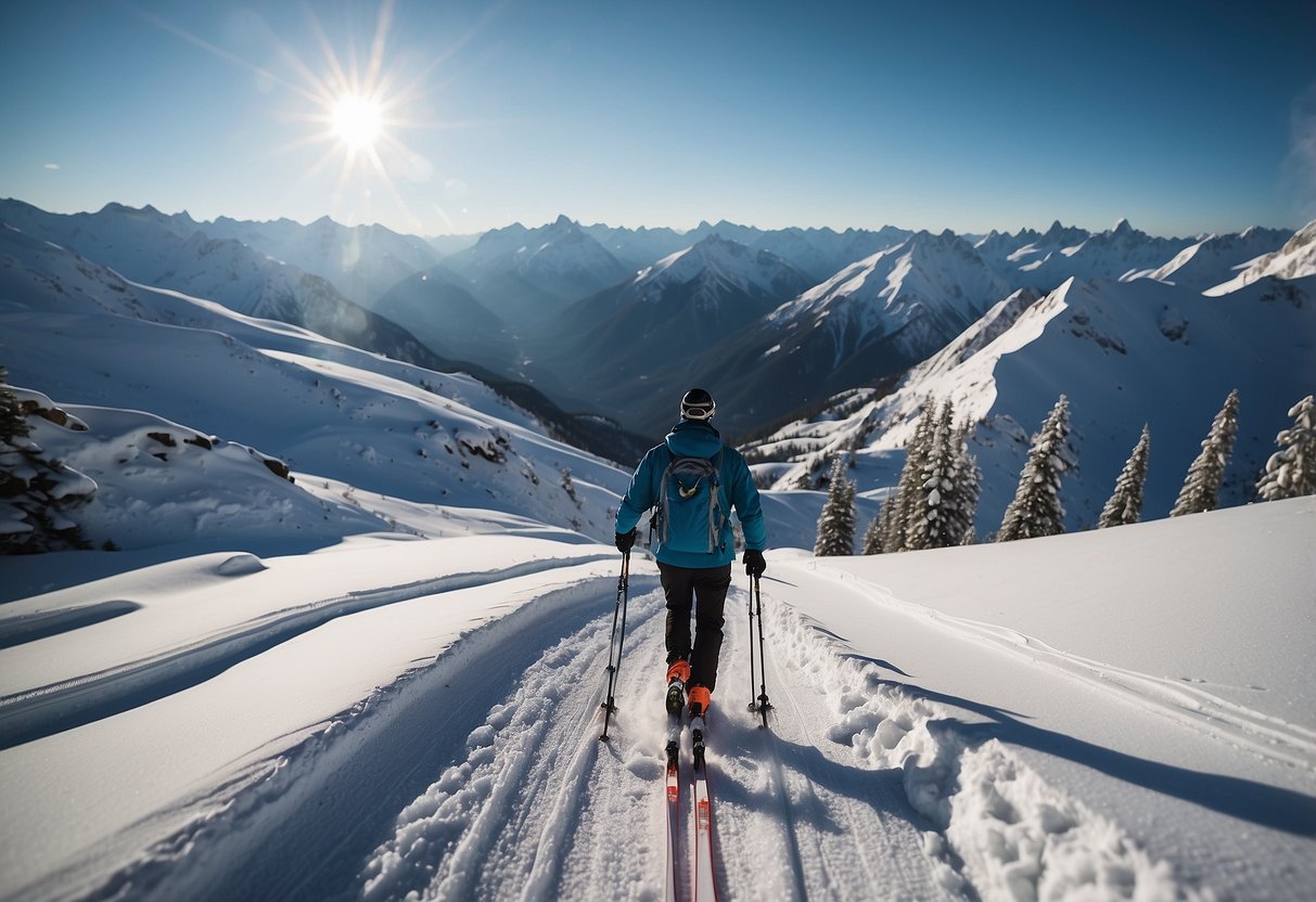 A snowy mountain landscape with skis, poles, and multi-tools laid out. A skier in the distance glides down a trail