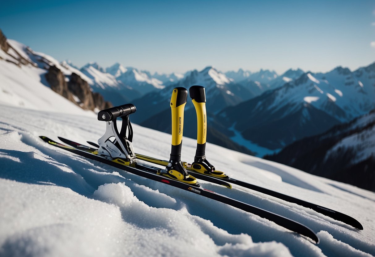 A snowy mountain landscape with cross country skis and the Victorinox SwissTool Spirit X multi-tool displayed prominently