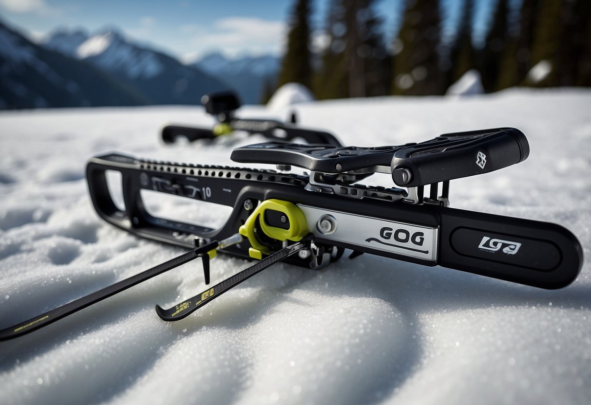 A snowy mountain landscape with skis and the SOG PowerAssist multi-tool laid out, ready for use by cross country skiers