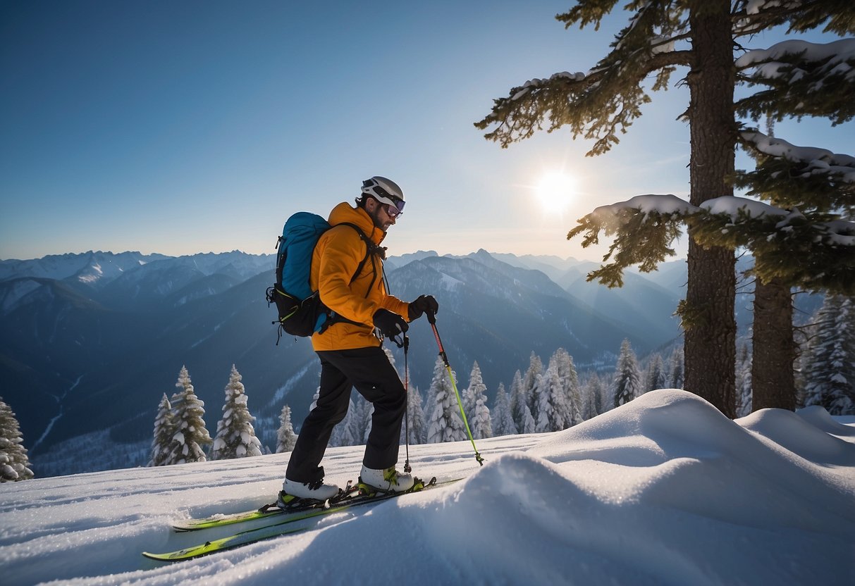 A snowy mountain landscape with a cross country skier using the CRKT Technician 5 multi-tool to adjust their equipment. Snow-covered trees and a clear blue sky complete the scene