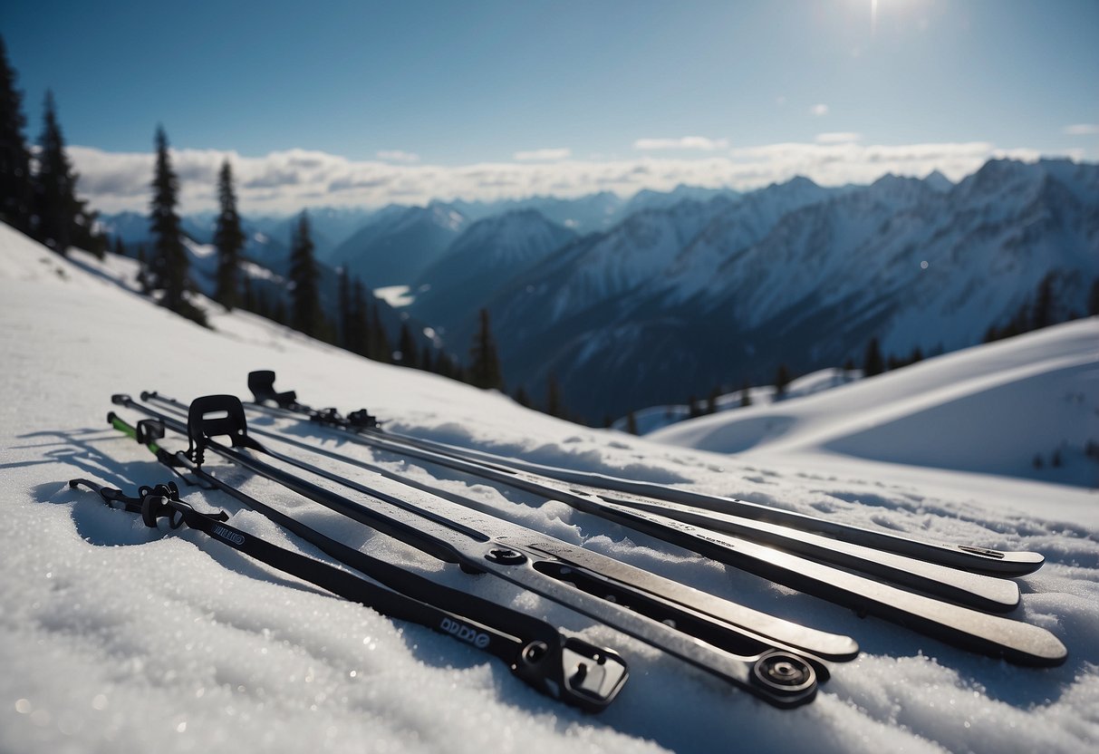 A snowy mountain landscape with skis, poles, and a multi-tool laid out for cross country skiing