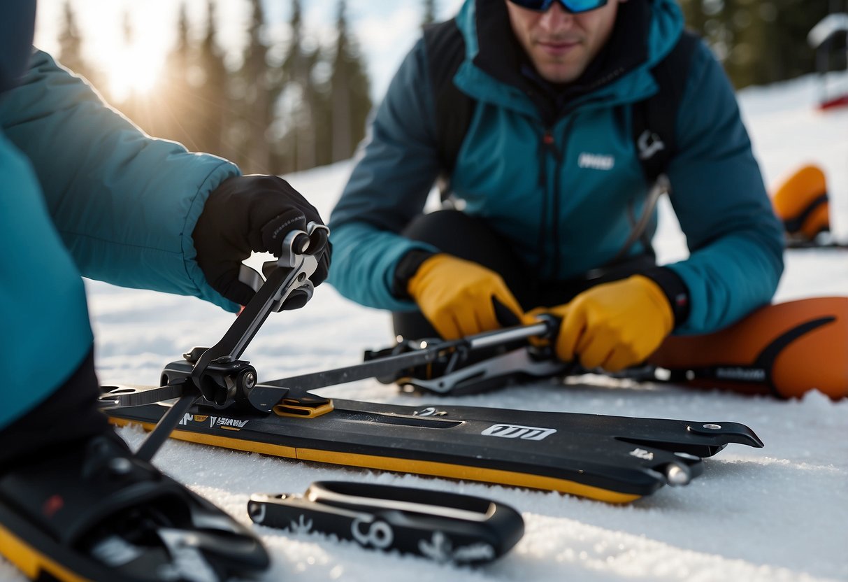 A cross country skier using a multi-tool to adjust bindings on their skis, while another multi-tool is shown being used to tighten a loose screw on a ski pole