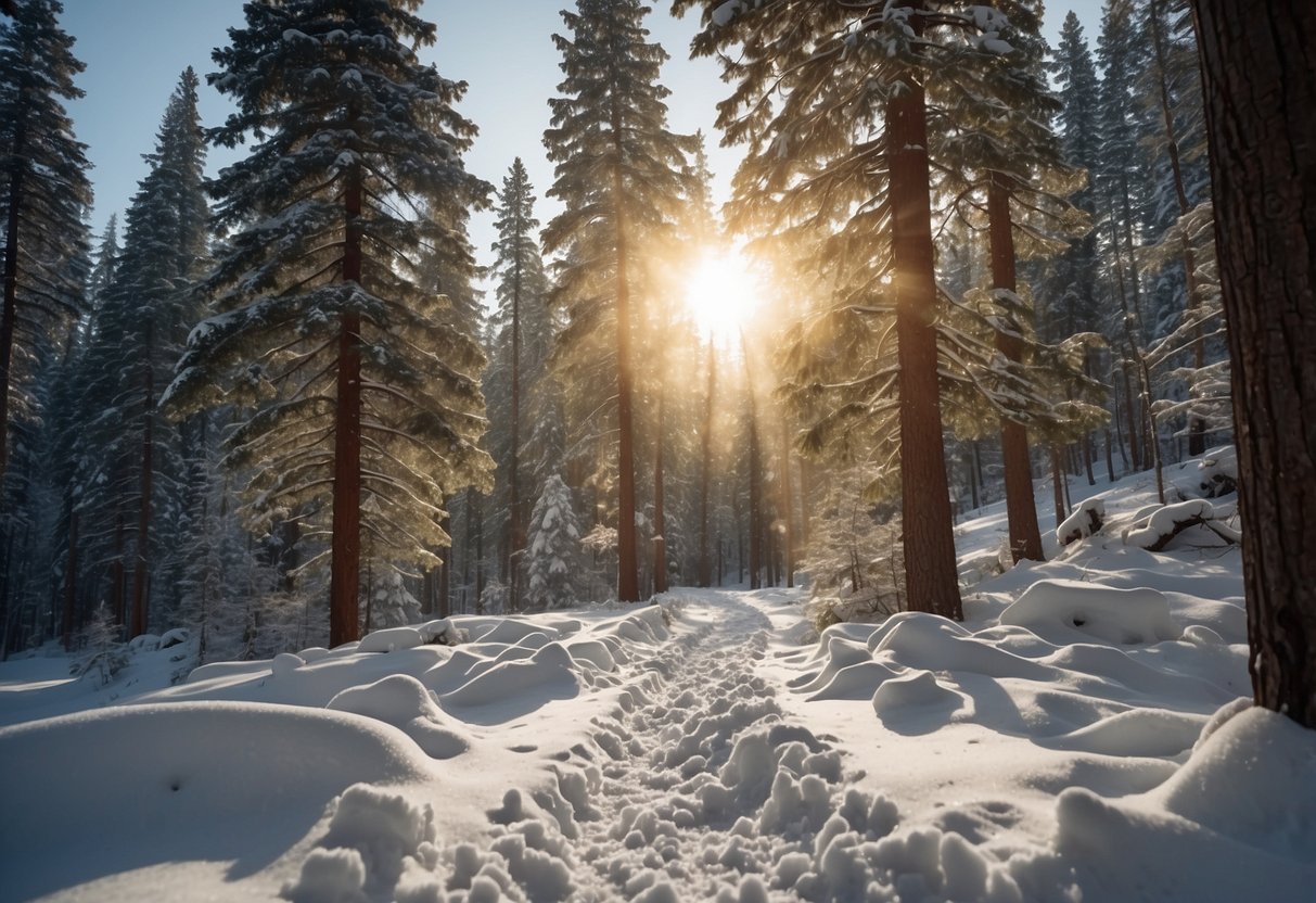 Snow-covered trails wind through a pristine forest, with tall pine trees and mountain peaks in the background. The sun glistens off the freshly fallen snow, creating a serene and picturesque winter landscape