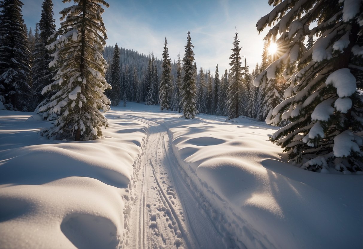 Snow-covered trails wind through pine forests and open meadows in Boundary Country, British Columbia. The sun glistens on the pristine white landscape, creating a tranquil and picturesque setting for winter cross country skiing