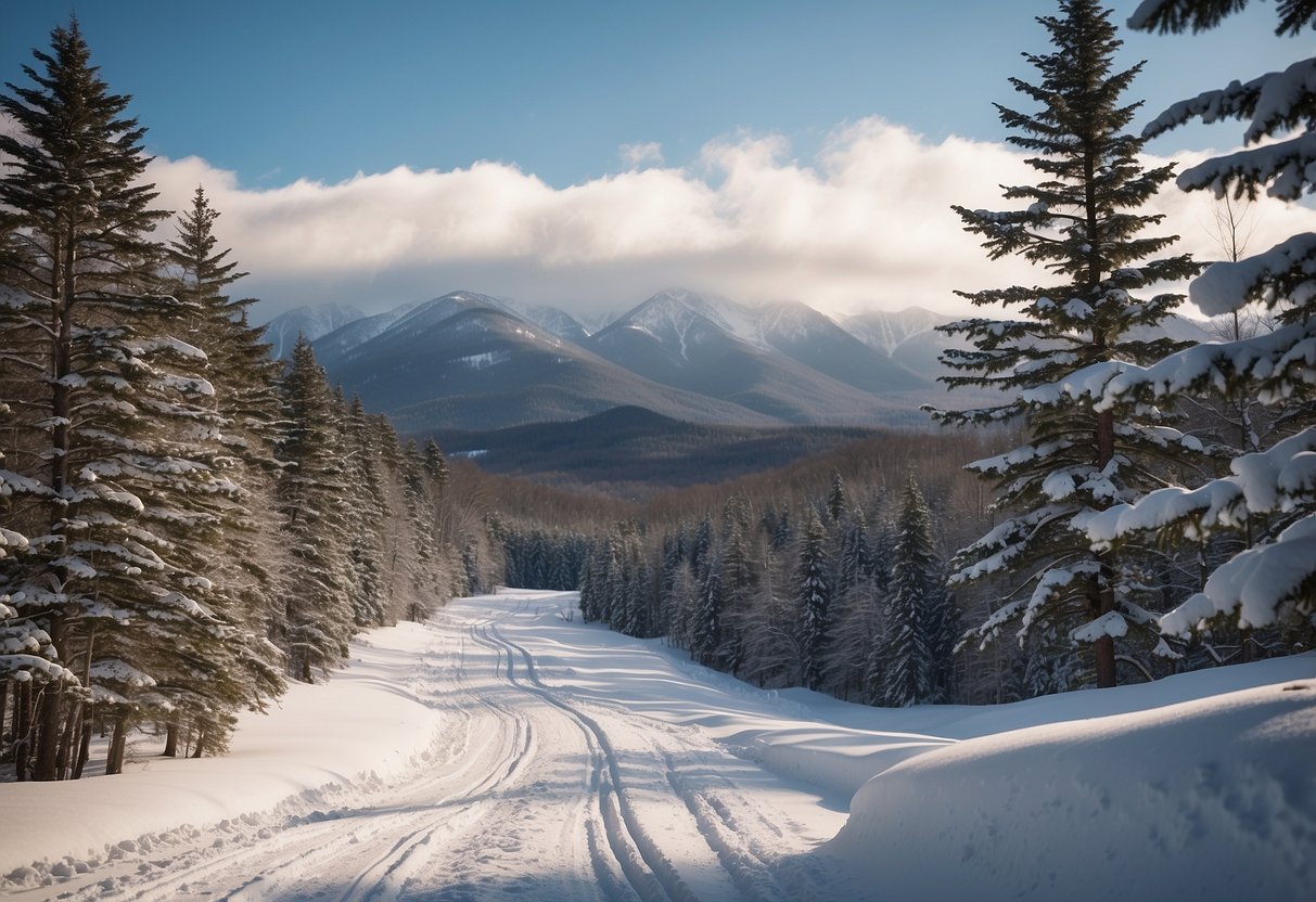 Snow-covered trails wind through the serene forest, with the majestic White Mountains in the background. Skiers glide through the peaceful landscape, surrounded by the beauty of Bretton Woods, New Hampshire