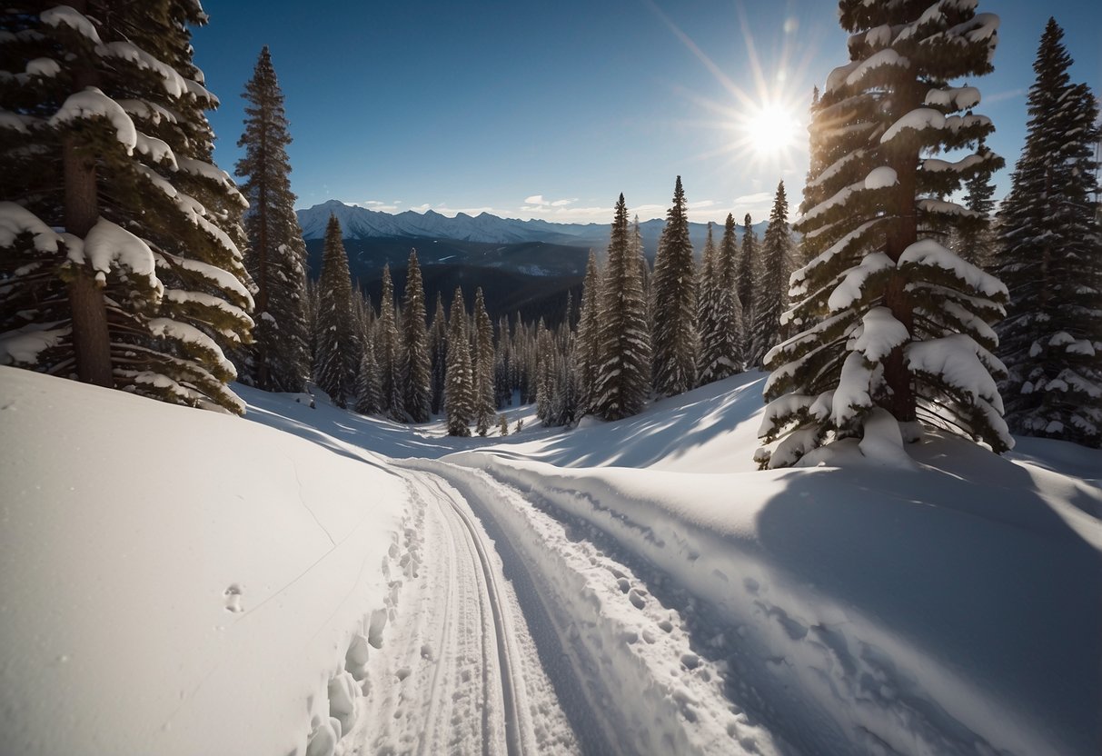 Snow-covered trails wind through pine forests at Devil's Thumb Ranch, with mountains in the distance. Skiers glide across the pristine white landscape