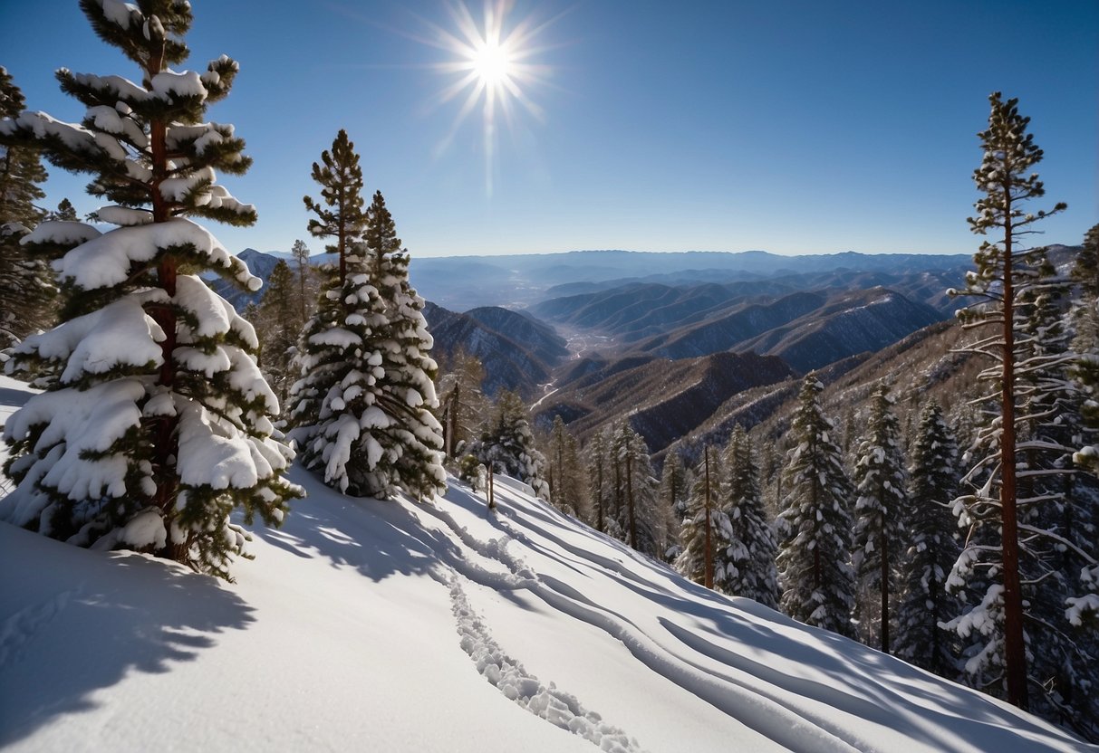 Snow-covered Royal Gorge with winding cross country ski trails through pine trees and rolling hills. Mountain peaks in the distance under a clear blue sky