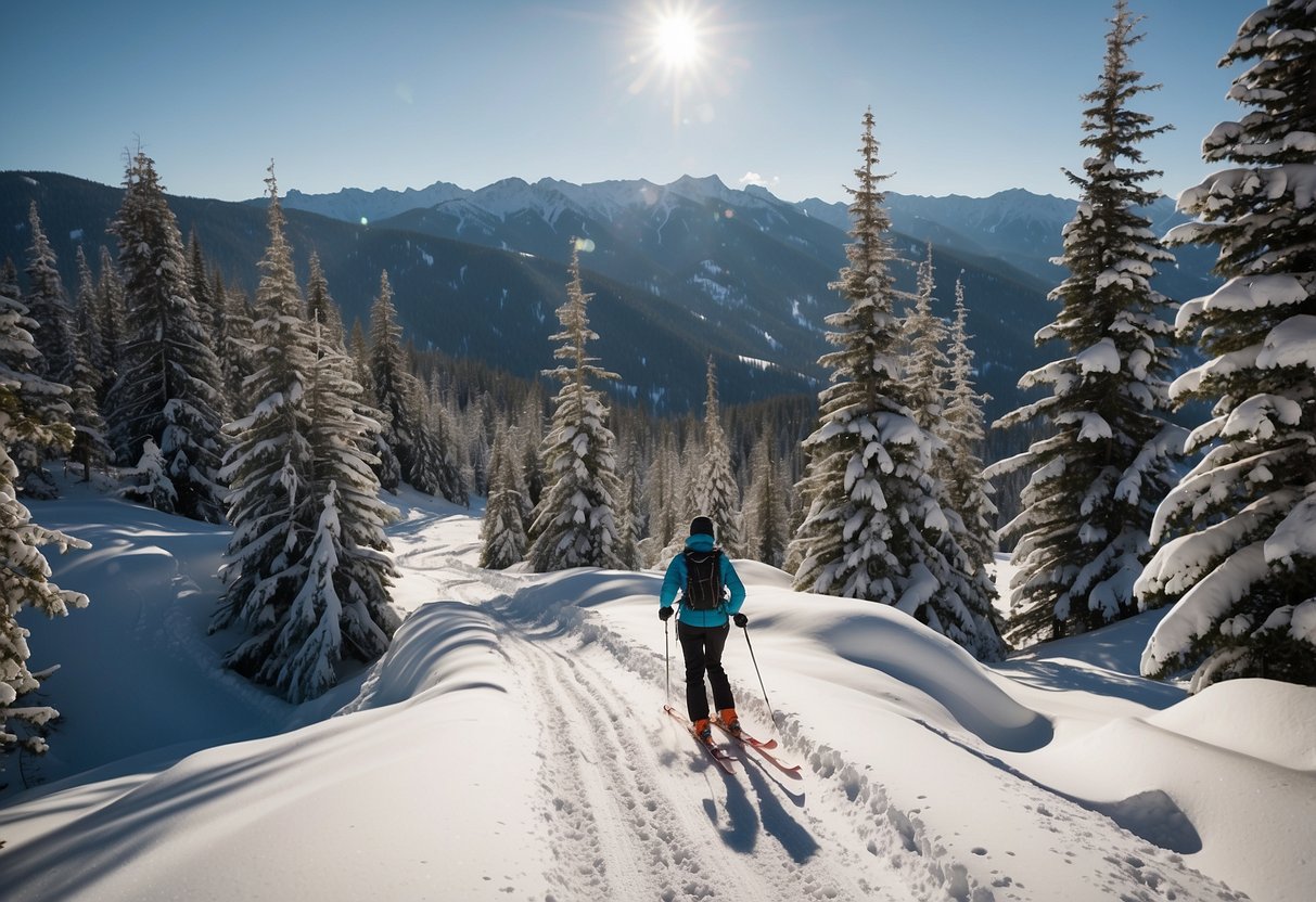 Snow-covered trails wind through a dense forest, with a backdrop of majestic mountains and a clear blue sky. Skiers glide gracefully through the pristine landscape, surrounded by the peaceful serenity of SilverStar Mountain Resort in British Columbia