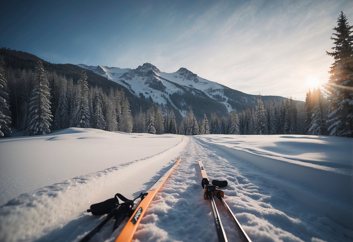 A snowy landscape with a pair of cross country skis, poles, and winter gear laid out on the ground. A trail winds through the scene, leading to a forested area