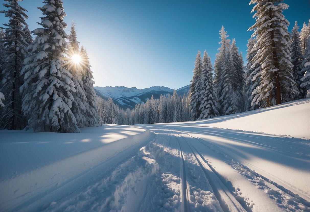 A snowy landscape with winding cross country ski trails through a forest, with mountains in the distance and a clear blue sky above