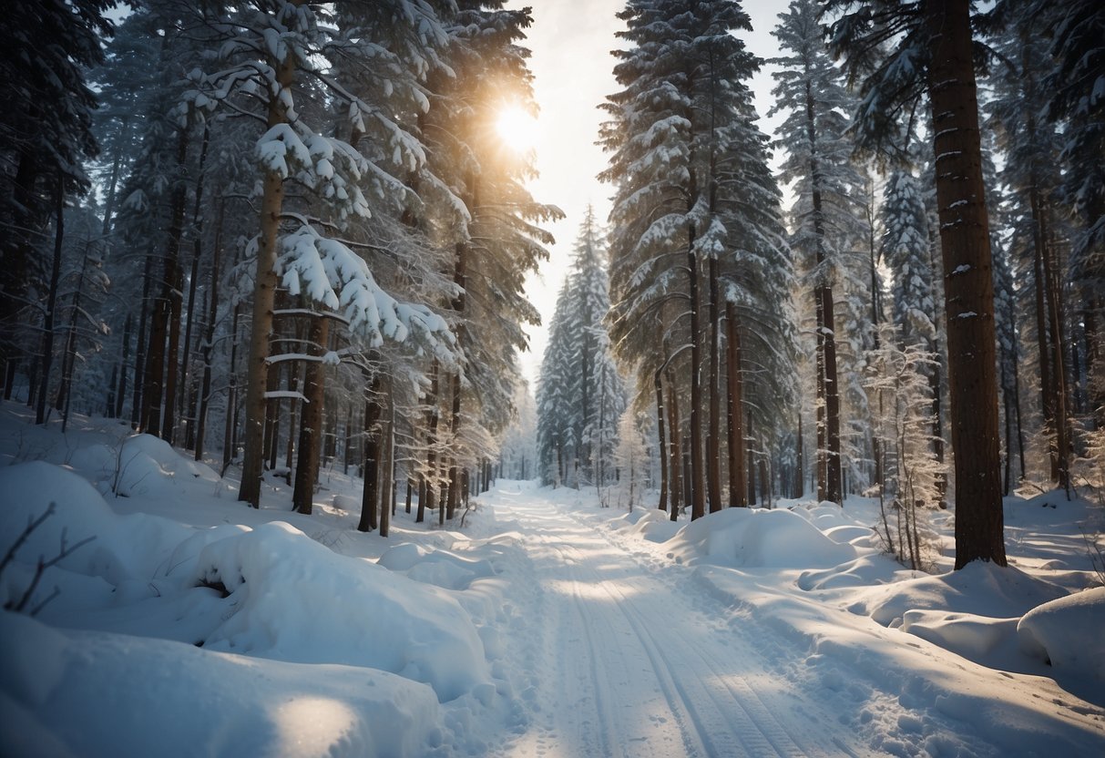 A snowy forest trail with ski tracks winding through the trees. Signposts with safety tips and a map of the best cross country skiing locations