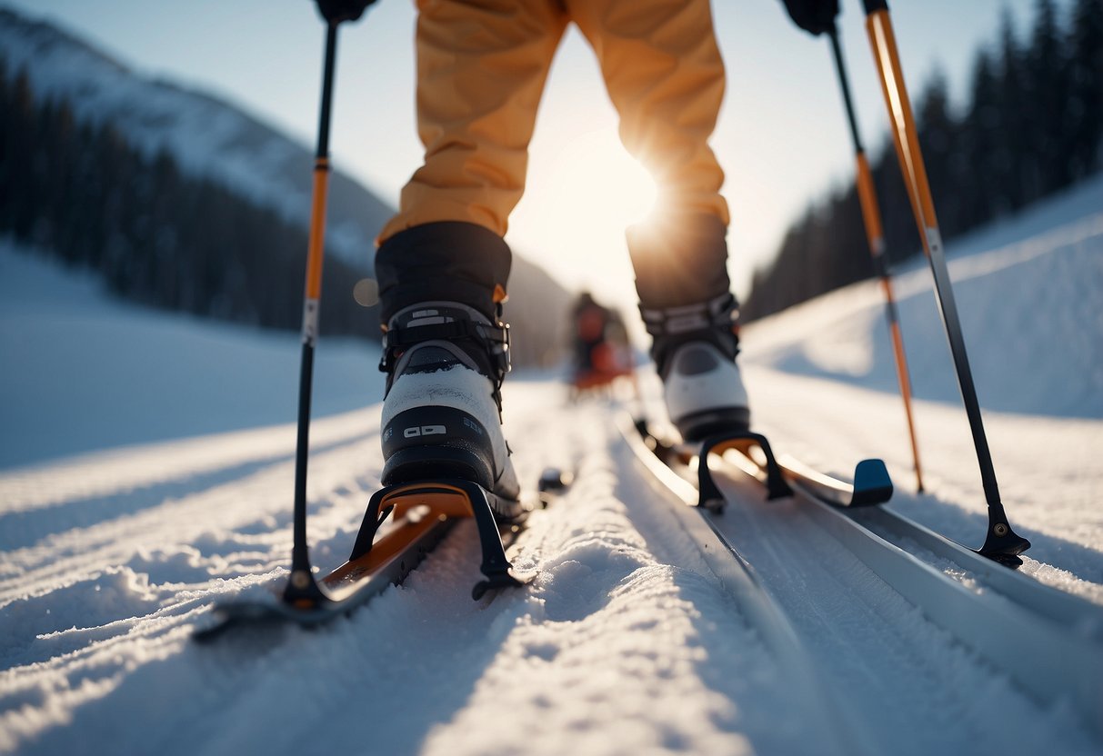 Snow-covered trail with skis gliding smoothly. Properly fitted boots and socks. Skiers maintaining good posture and technique. No signs of discomfort or irritation