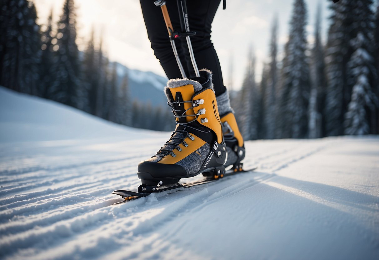 A person wearing well-fitting boots, adjusting ski bindings, surrounded by snowy cross country trails, with trees and mountains in the background