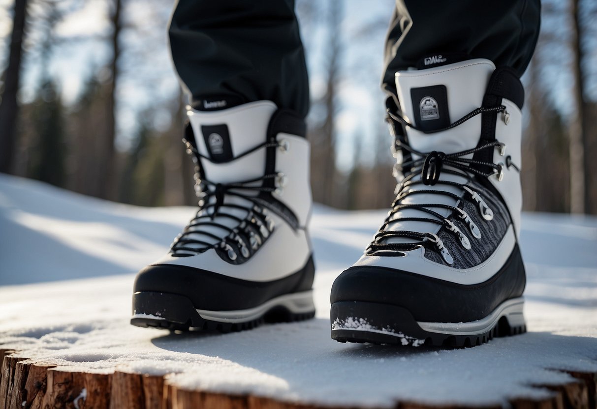 Moleskin is being applied to hot spots on a cross country ski boot. Snow-covered trees and a winding trail are in the background