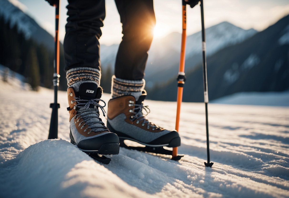 A pair of dual-layer socks being pulled onto a pair of cross country skiing boots, with a snowy landscape in the background