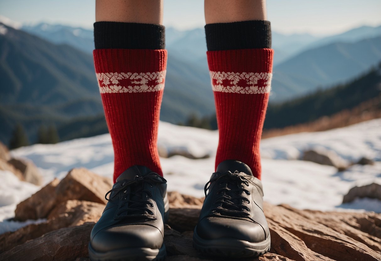 A pair of wool socks sits next to a pile of cotton socks, with a red X over the cotton socks. Snowy mountains loom in the background