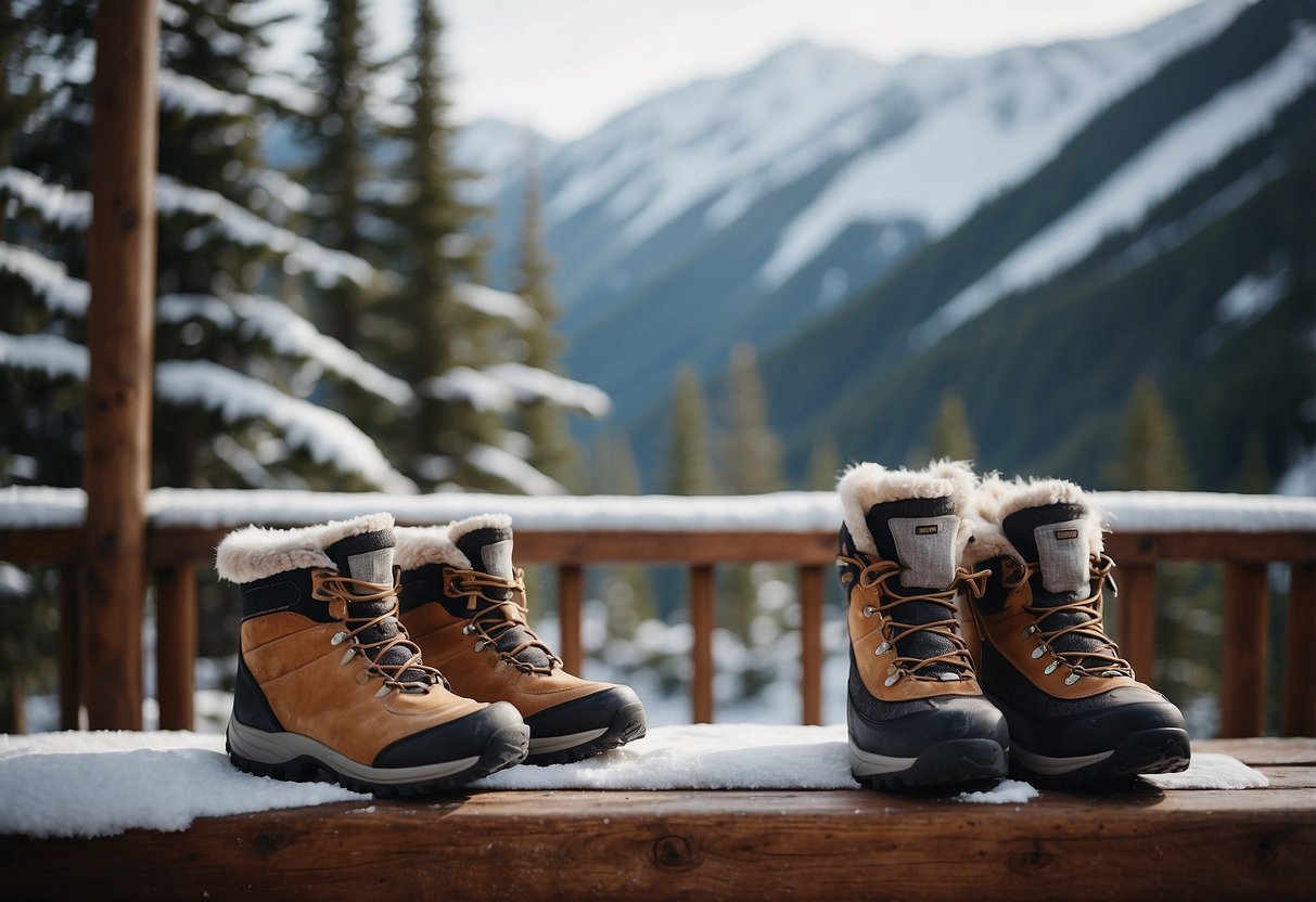 A cozy cabin with a snowy backdrop. A pair of cross country ski boots with wool socks and blister prevention products laid out neatly on a bench