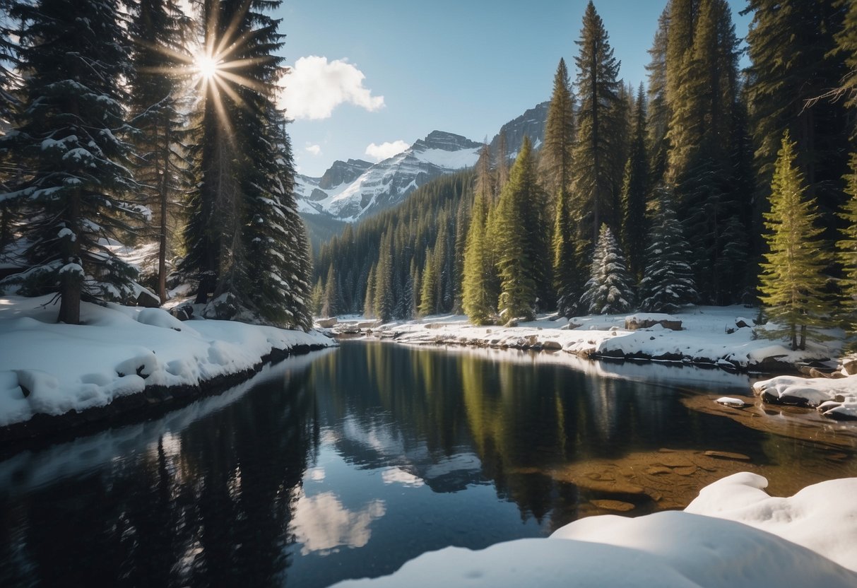 A snowy landscape with a winding river, a pristine mountain lake, a bubbling spring, a glistening snowmelt stream, and a tranquil forest pond