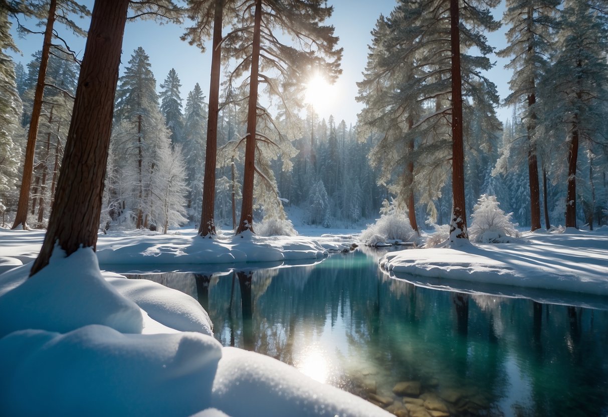 Snow-covered trees line the edges of a pristine, frozen lake in Crystal Springs, CA. The clear, blue water reflects the surrounding mountains, creating a picturesque scene for cross country skiing trips