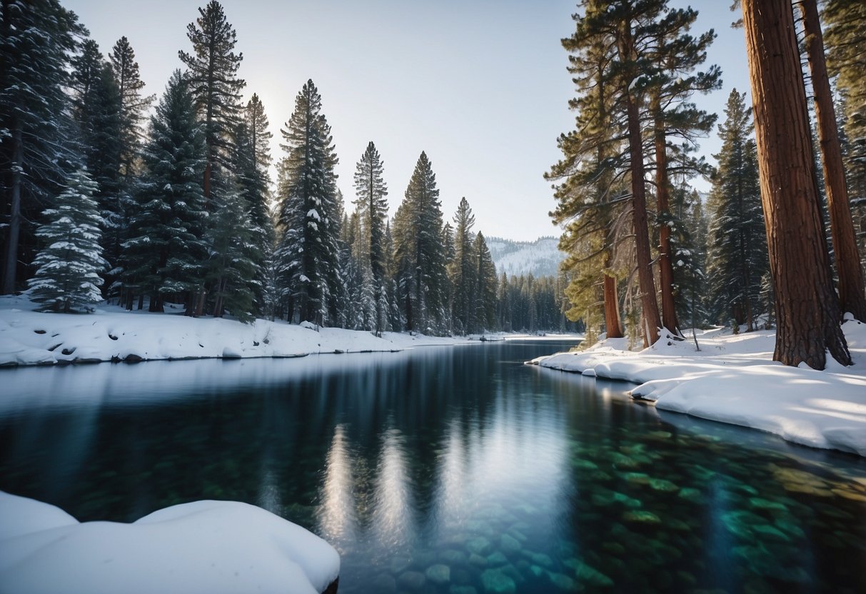 A serene Lake Tahoe with snow-covered trees and clear blue water, perfect for cross country skiing