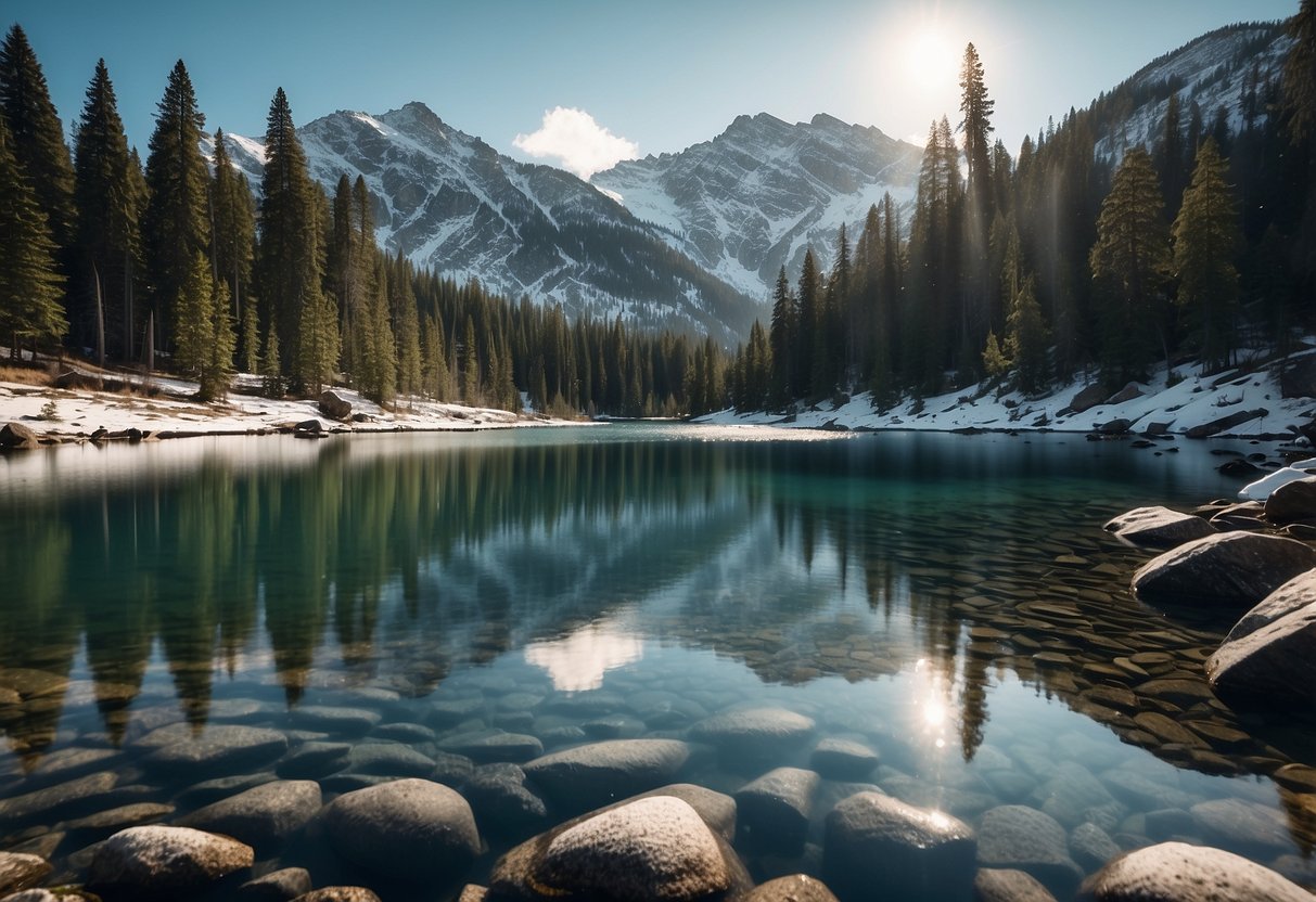 Snow-covered mountains surround a crystal-clear alpine lake. A rushing river cuts through the forest, while a peaceful waterfall cascades down the rocky terrain. A serene, reflective pond sits nestled among the trees