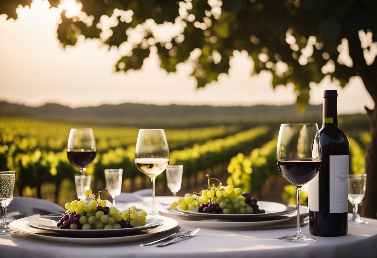 A wine dinner set among the vineyards, with elegantly set tables, wine glasses, and bottles, under the evening sky