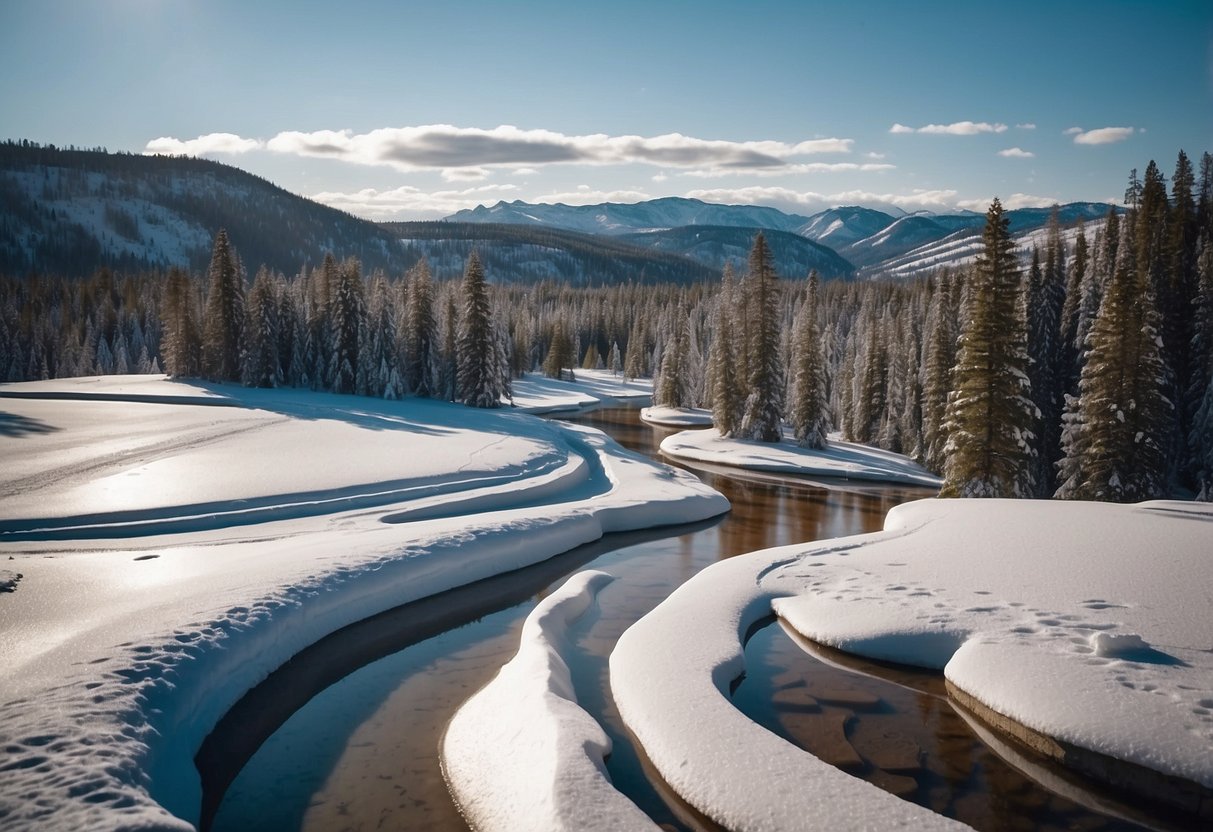 Snow-covered landscape with winding trails leading to pristine, frozen lakes and flowing rivers in Yellowstone National Park, WY