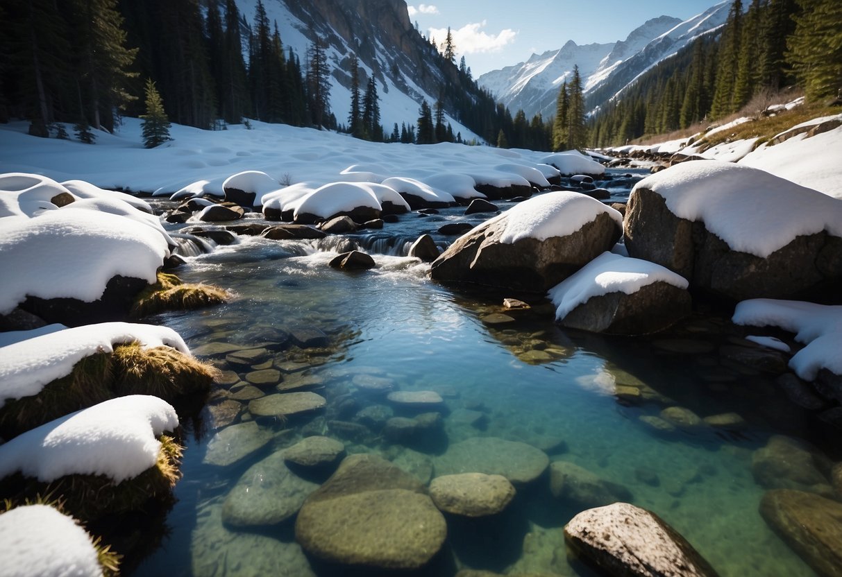 Snow-covered mountains, clear blue skies, a pristine alpine lake, flowing mountain stream, and a bubbling natural spring