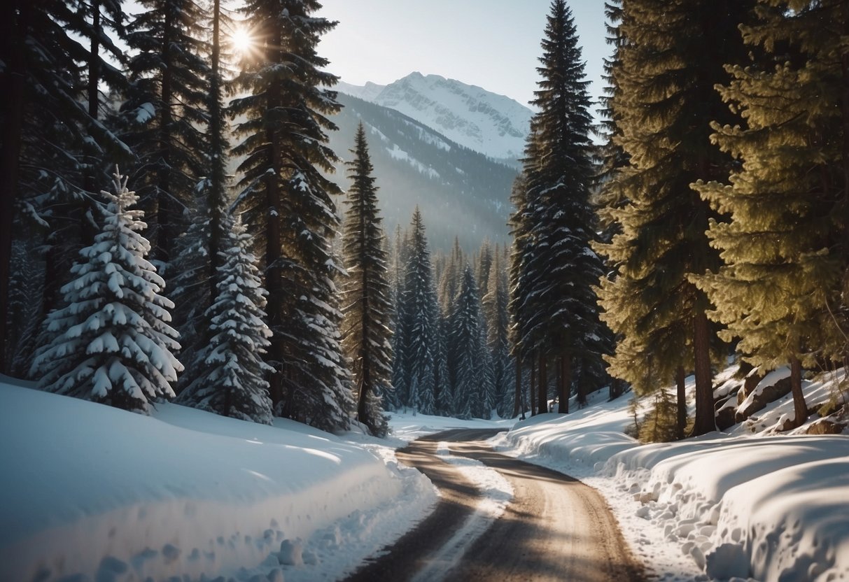 A snowy landscape with a winding cross-country ski trail leading towards a pristine mountain stream, surrounded by tall pine trees and snow-capped peaks in the distance