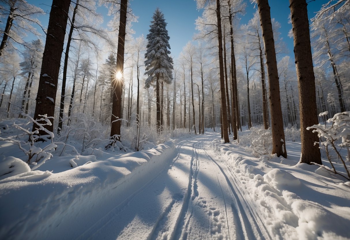 A serene snow-covered forest with cross country ski tracks weaving through the trees, with no visible signs of human impact or disturbance