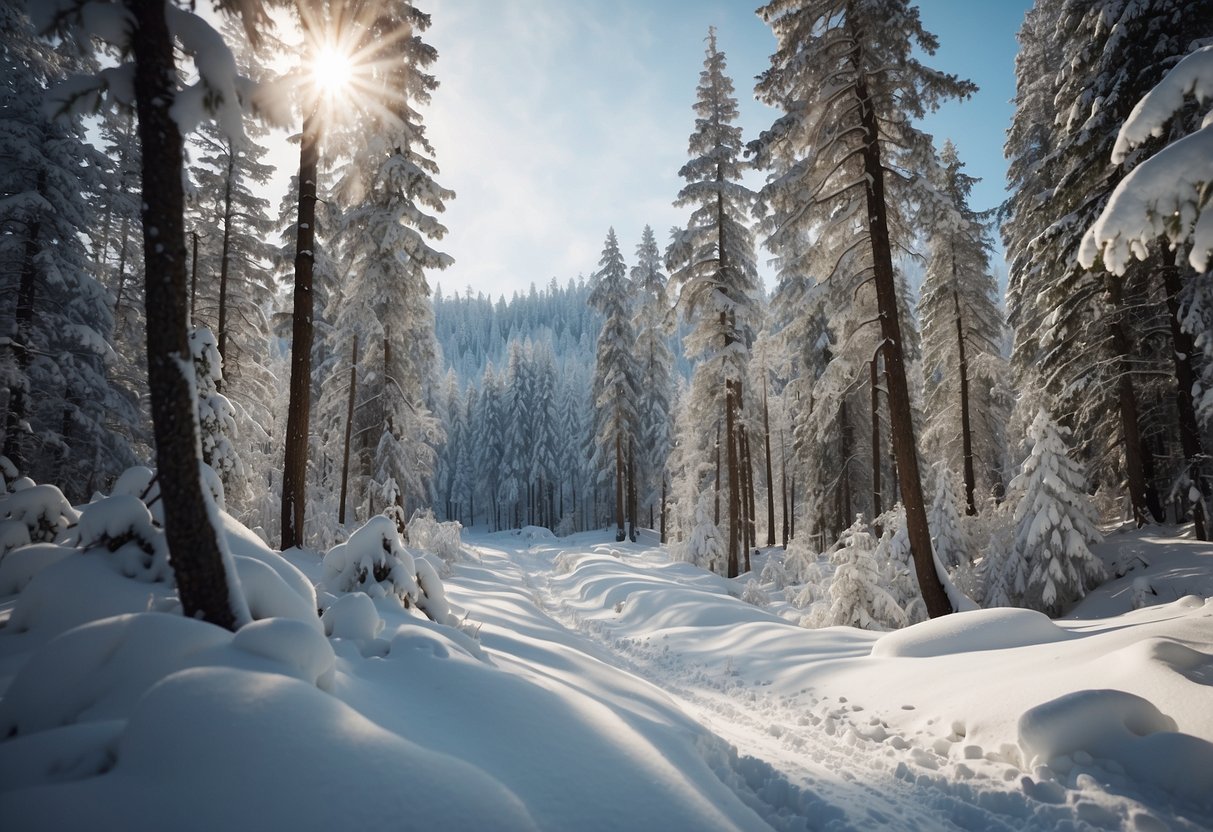 A serene snow-covered landscape with marked trails winding through the trees. Ski tracks follow the path, with no signs of disturbance in the surrounding pristine snow