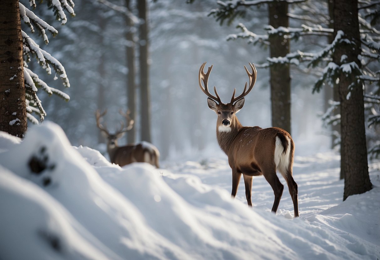 A skier glides through a snowy forest, passing by a group of deer grazing peacefully. The skier leaves no trace, following Leave No Trace principles for respecting wildlife