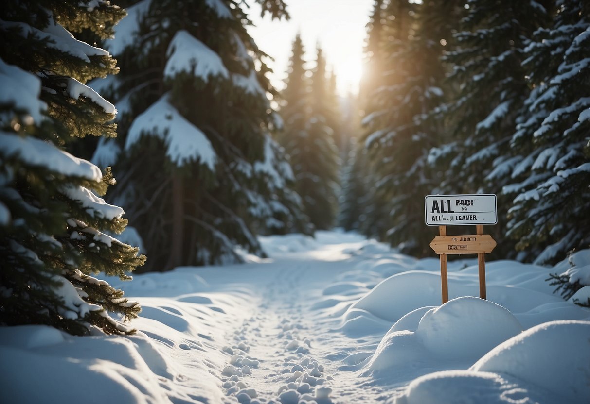 A snowy cross-country skiing trail with a sign reading "Pack Out All Trash" and 10 ways to leave no trace displayed