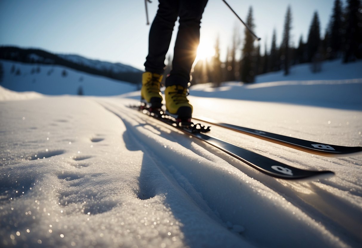 Cross country skis glide over snowy terrain, leaving no trace. Biodegradable products, like wax and sunscreen, are used to minimize environmental impact