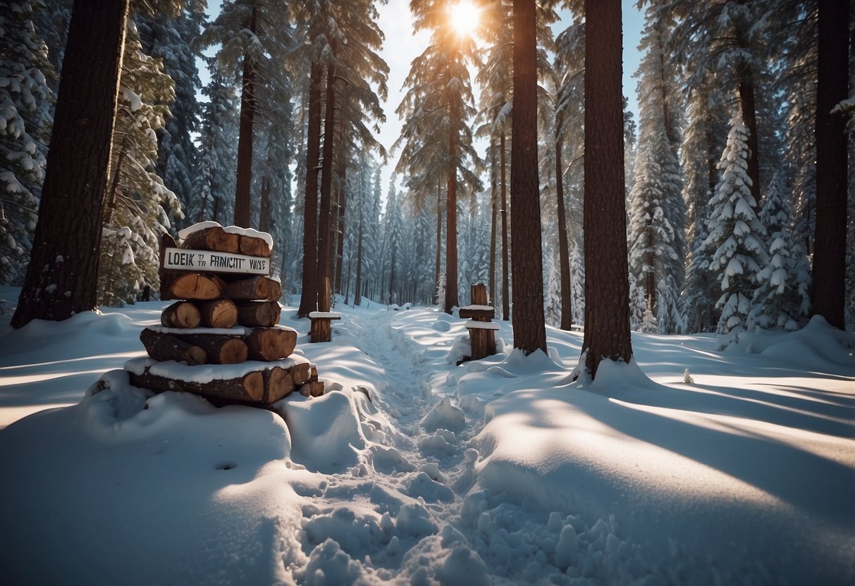 A snow-covered forest with skis propped against a tree, a small campfire surrounded by rocks, and a sign with "Minimize Campfire Impact 10 Ways to Leave No Trace While Cross Country Skiing" displayed prominently