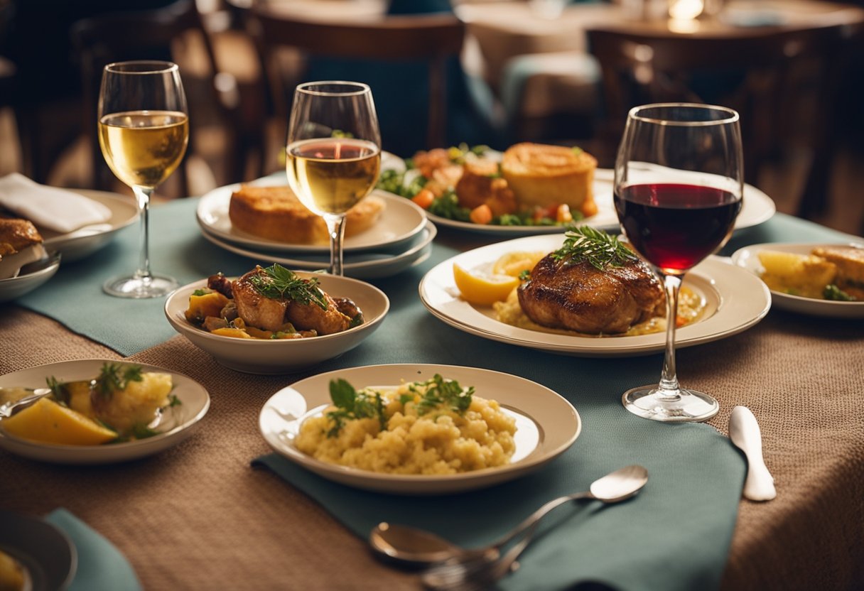 A traditional Portuguese dining experience with Fado music in a cozy restaurant setting. Tables adorned with colorful tablecloths, wine glasses, and plates of delicious local cuisine