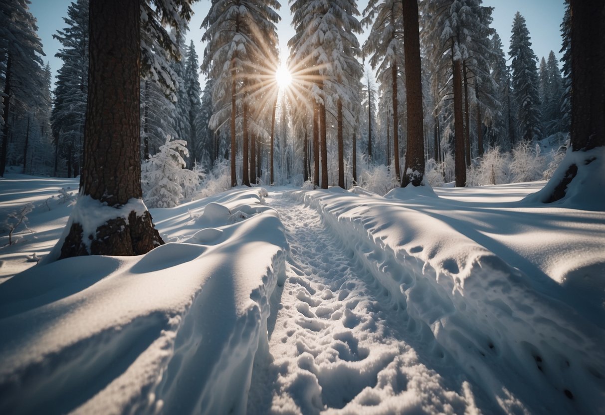 A serene forest with untouched snow, ski tracks weaving through the trees. Animals roam undisturbed, leaving no trace of human presence