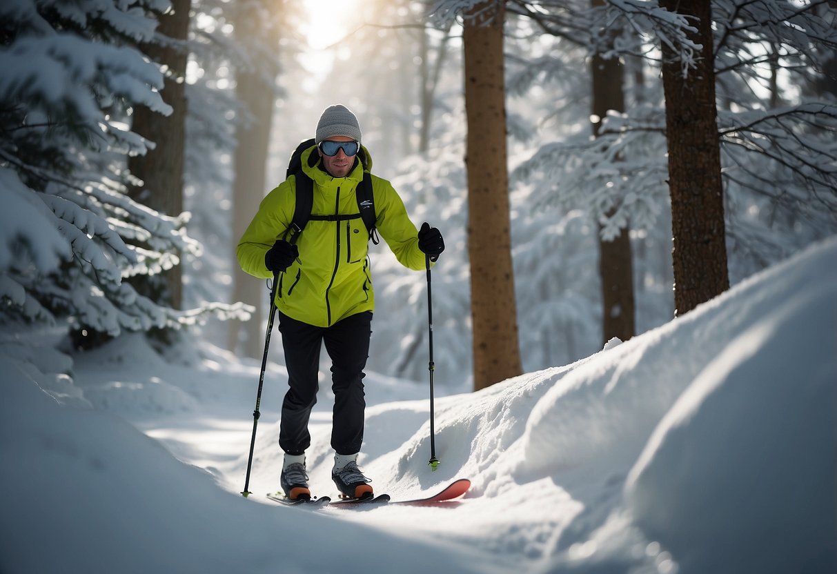 A cross country skier glides through a pristine snow-covered forest, leaving no tracks behind. They avoid disturbing wildlife and stick to designated trails, following Leave No Trace principles