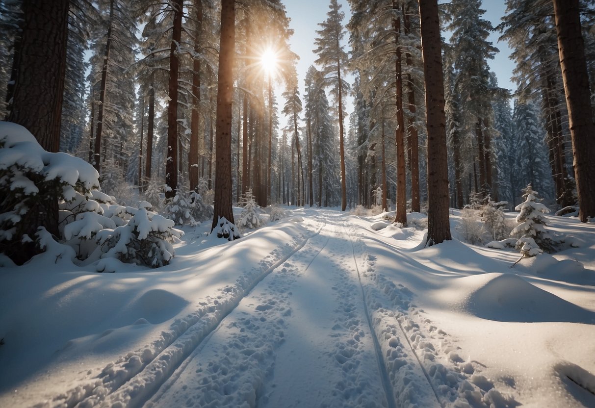 A cross country ski trail winds through a snowy forest, passing by established campsites. Leave No Trace principles are evident, with minimal impact on the pristine winter landscape