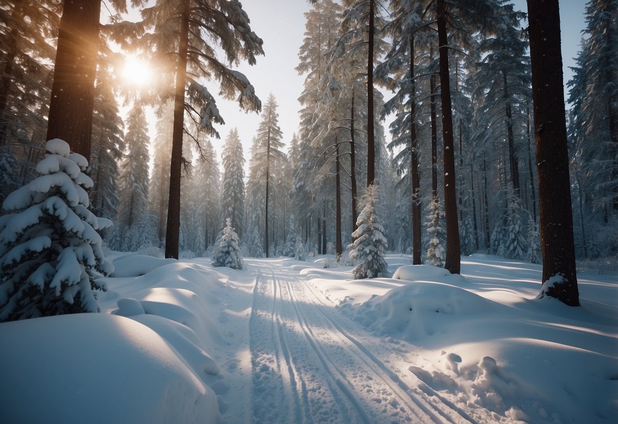 A serene forest landscape with a winding cross-country ski trail, surrounded by untouched snow and tall trees. No signs of human presence, with minimal impact on the environment