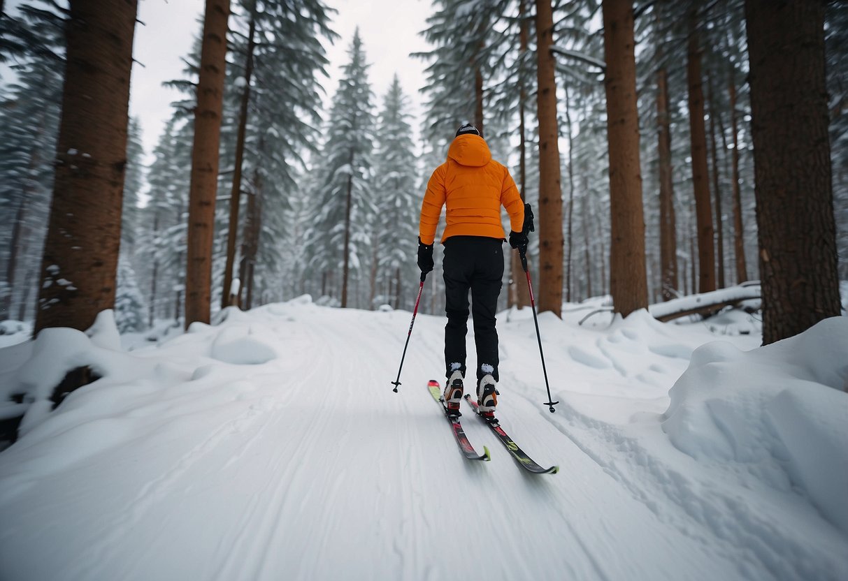 Cross country skis gliding through snowy forest, leaving no trace. Wildlife undisturbed, trees standing tall